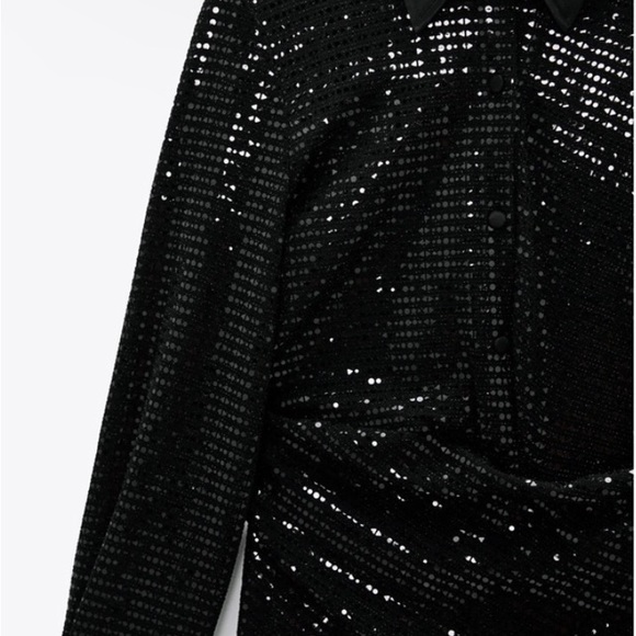 SOLD!! NWOT ZARA Women’s BLOGGER FAVE Black Sequin Ruched Midi Dress Medium M - Picture 8 of 12
